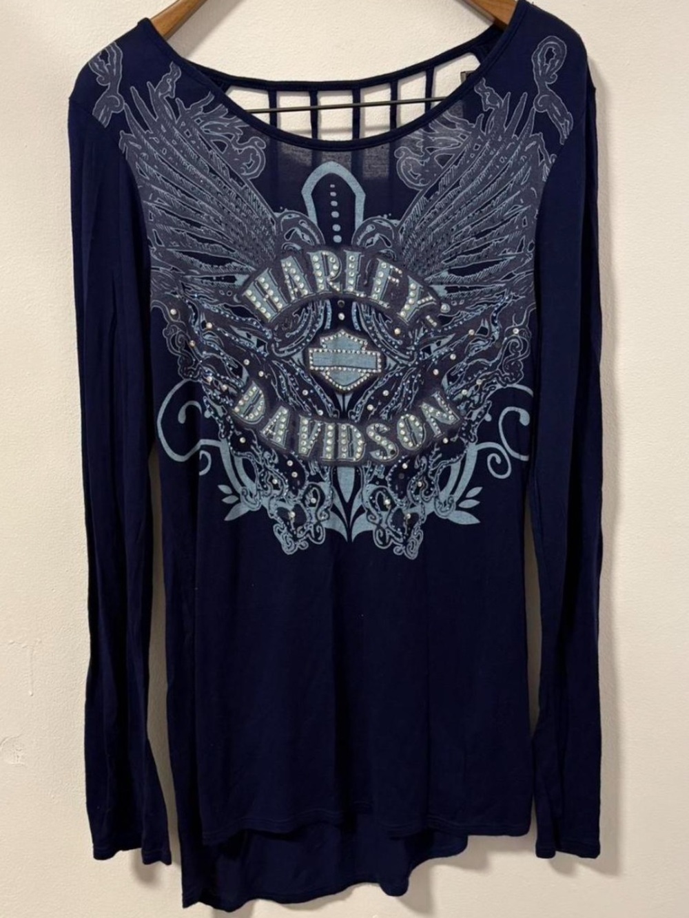 Harley Davidson open back cutout design long sleeve with rhinestones